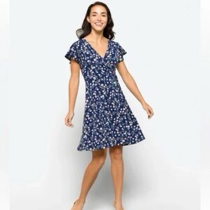 Kaileigh Blue Floral Faux Wrap Midi Stretch Dress, Size Large